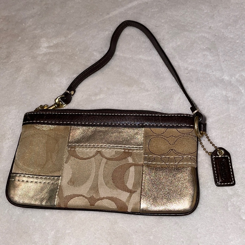 Coach Gold And Brown Leather Patchwork Wristlet - image 1